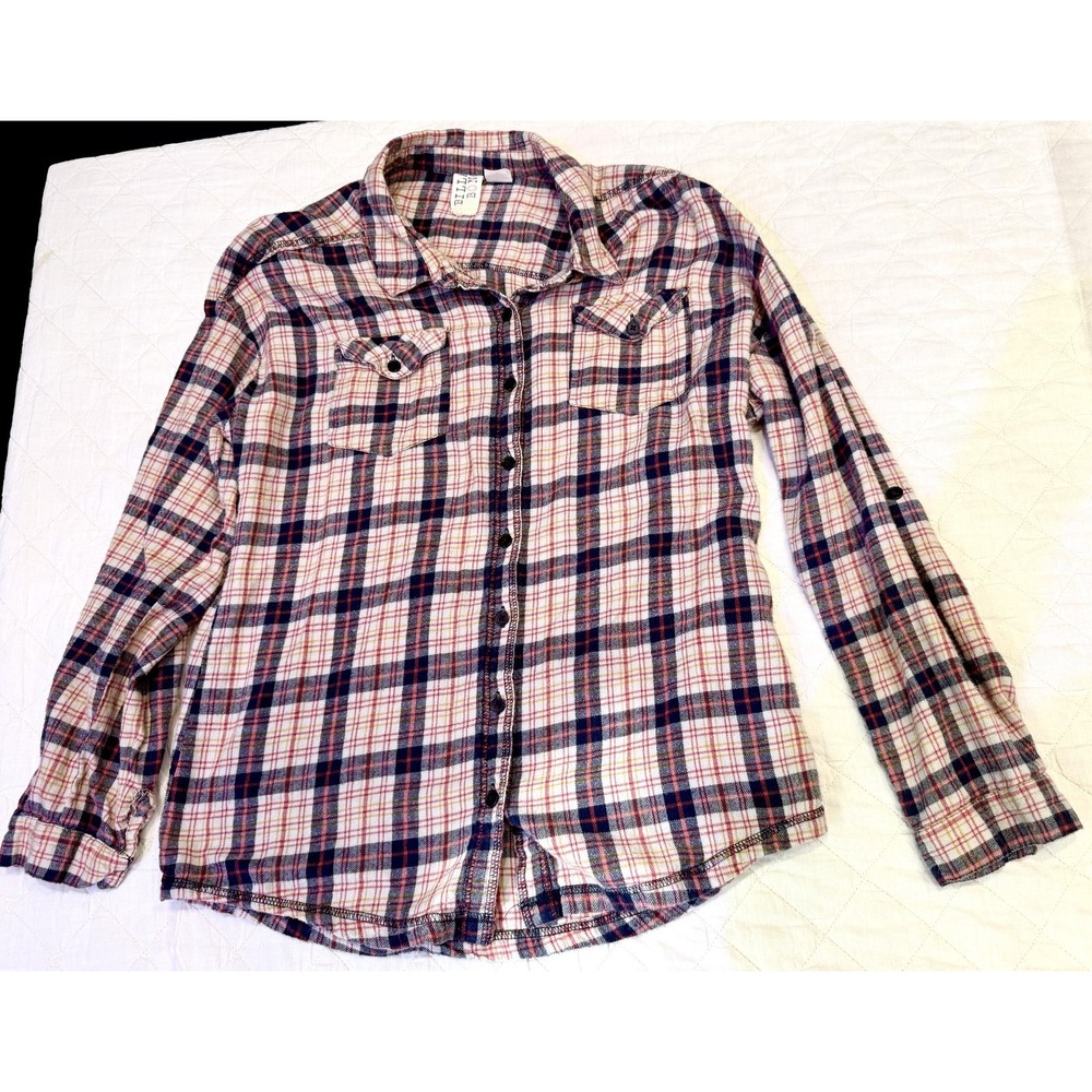 Billabong Womens Plaid Flannel Shirt Size L Roll Tab 100% Cotton Button Up